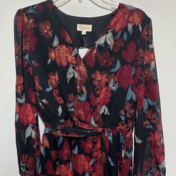52seven Women's Multicolor Floral Tie Waist Long Sleeve Blouson Blouse Large NWT - Picture 4 of 10